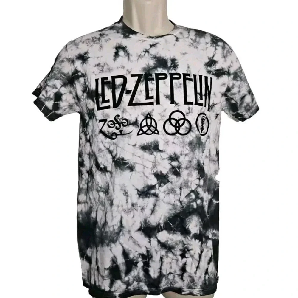 Led Zeppelin Womens S Band T-Shirt Black Gray White Tie-Dye Zoso Feather Symbols